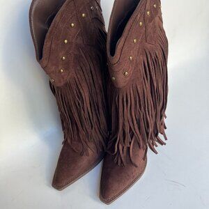 Forever  Chocolate Brown Faux New Suede/Leather Layered Fringe Boots, Size 9